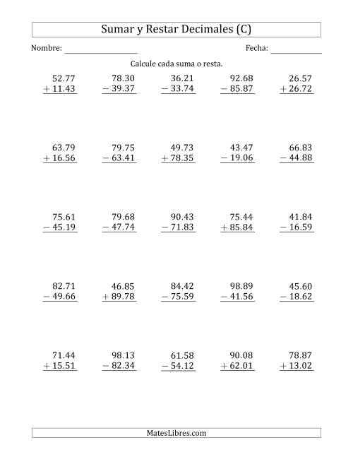 La hoja de ejercicios de Sumar y Restar Centésimas con Dos Dígitos delante del Decimal (rango de 10.01 a 99.99) (C)