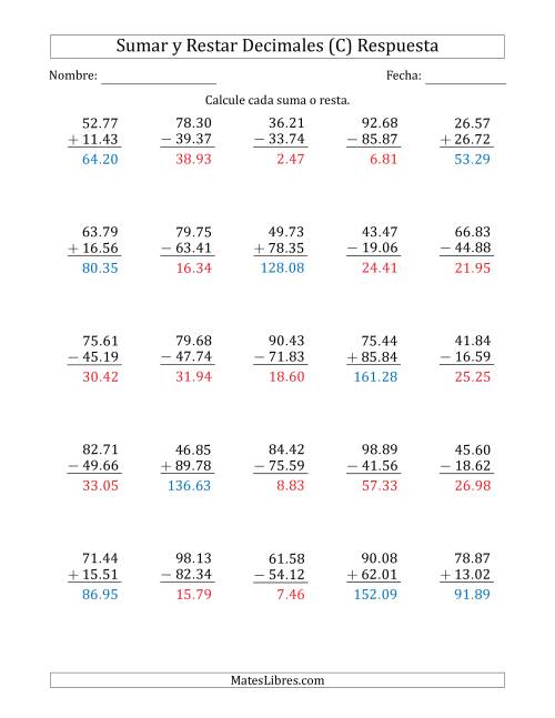 La hoja de ejercicios de Sumar y Restar Centésimas con Dos Dígitos delante del Decimal (rango de 10.01 a 99.99) (C) Página 2