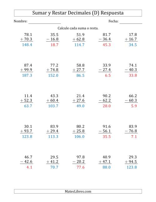 La hoja de ejercicios de Sumar y Restar Décimas con Dos Dígitos delante del Decimal (rango de 10.1 a 99.9) (D) Página 2