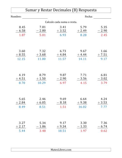 La hoja de ejercicios de Sumar y Restar Centésimas con Un Dígito delante del Decimal (rango de 1.01 a 9.99) (B) Página 2