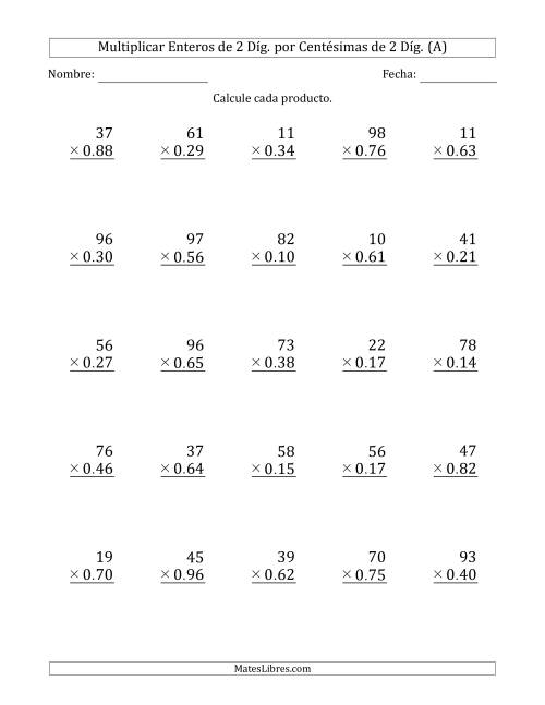 La hoja de ejercicios de Multiplicar Enteros de 2 Díg. por Centésimas de 2 Díg. (A)