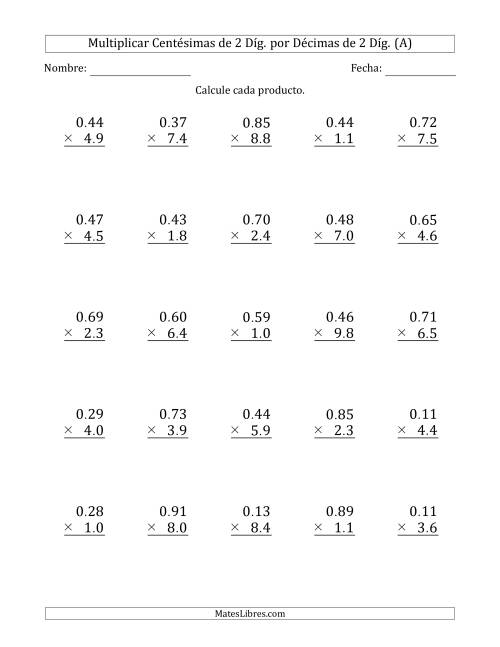 La hoja de ejercicios de Multiplicar Centésimas de 2 Díg. por Décimas de 2 Díg. (A)