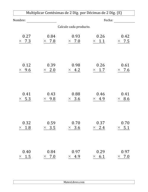 La hoja de ejercicios de Multiplicar Centésimas de 2 Díg. por Décimas de 2 Díg. (E)