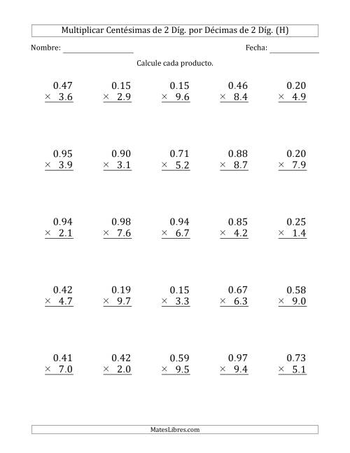 La hoja de ejercicios de Multiplicar Centésimas de 2 Díg. por Décimas de 2 Díg. (H)
