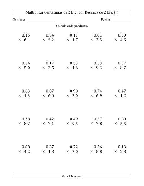 La hoja de ejercicios de Multiplicar Centésimas de 2 Díg. por Décimas de 2 Díg. (J)