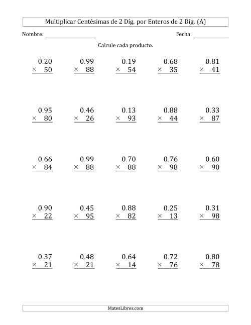 La hoja de ejercicios de Multiplicar Centésimas de 2 Díg. por Enteros de 2 Díg. (A)
