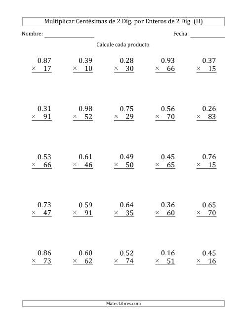 La hoja de ejercicios de Multiplicar Centésimas de 2 Díg. por Enteros de 2 Díg. (H)