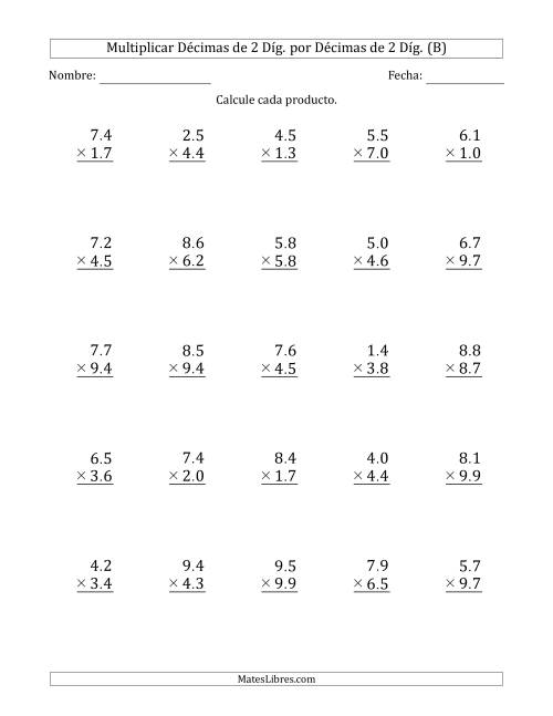 La hoja de ejercicios de Multiplicar Décimas de 2 Díg. por Décimas de 2 Díg. (B)