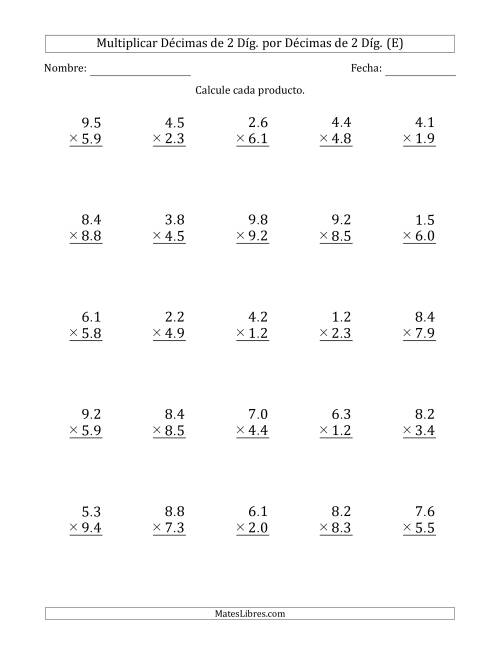 La hoja de ejercicios de Multiplicar Décimas de 2 Díg. por Décimas de 2 Díg. (E)