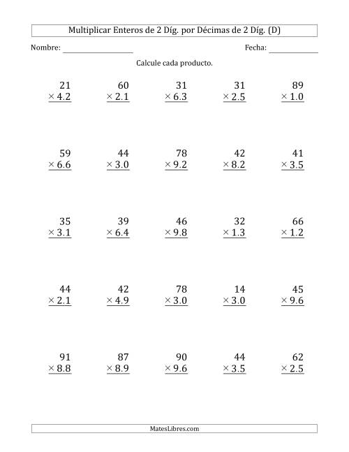 La hoja de ejercicios de Multiplicar Enteros de 2 Díg. por Décimas de 2 Díg. (D)