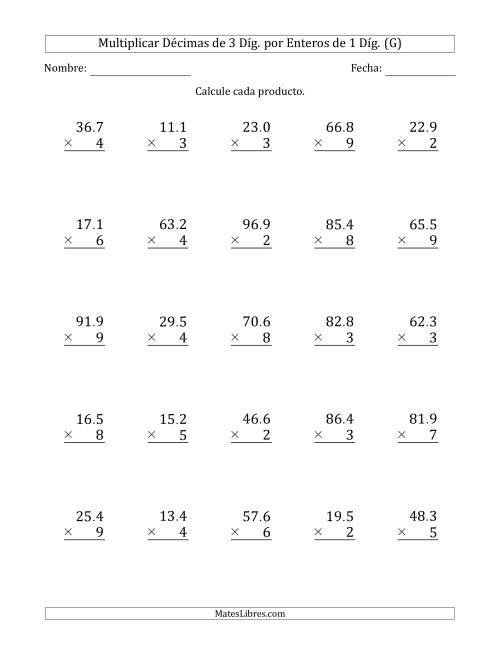 La hoja de ejercicios de Multiplicar Décimas de 3 Díg. por Enteros de 1 Díg. (G)