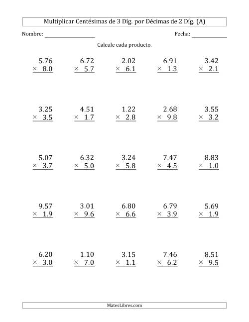 La hoja de ejercicios de Multiplicar Centésimas de 3 Díg. por Décimas de 2 Díg. (Todas)