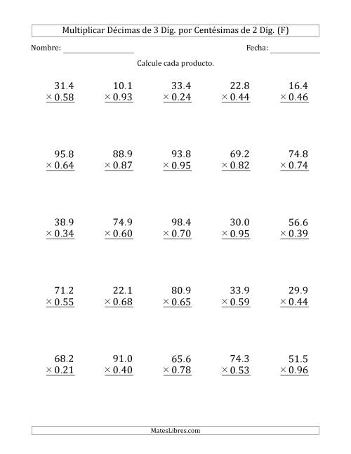 La hoja de ejercicios de Multiplicar Décimas de 3 Díg. por Centésimas de 2 Díg. (F)
