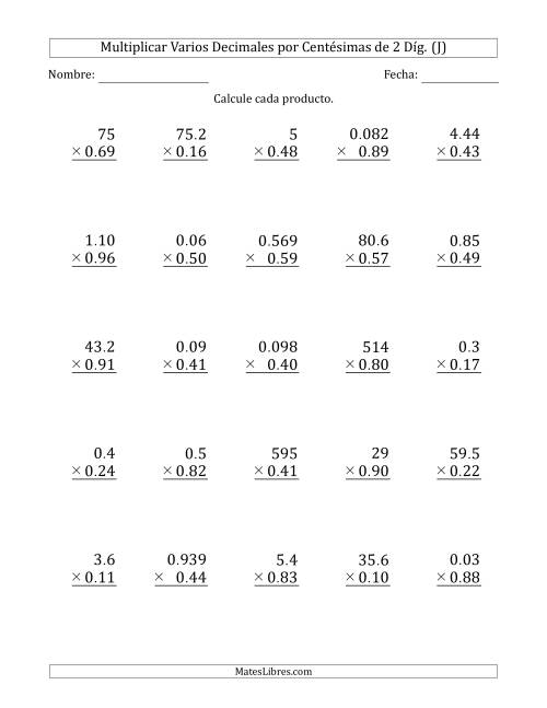 La hoja de ejercicios de Multiplicar Varios Decimales por Centésimas de 2 Díg. (J)