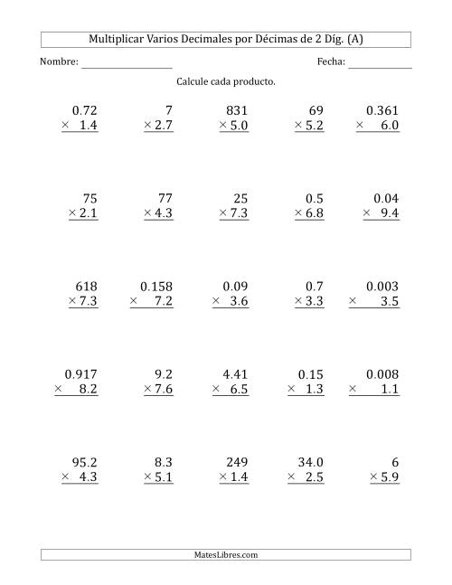 La hoja de ejercicios de Multiplicar Varios Decimales por Décimas de 2 Díg. (A)
