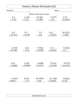 Sumar y Restar Diversos Decimales hasta las Diezmilésimas