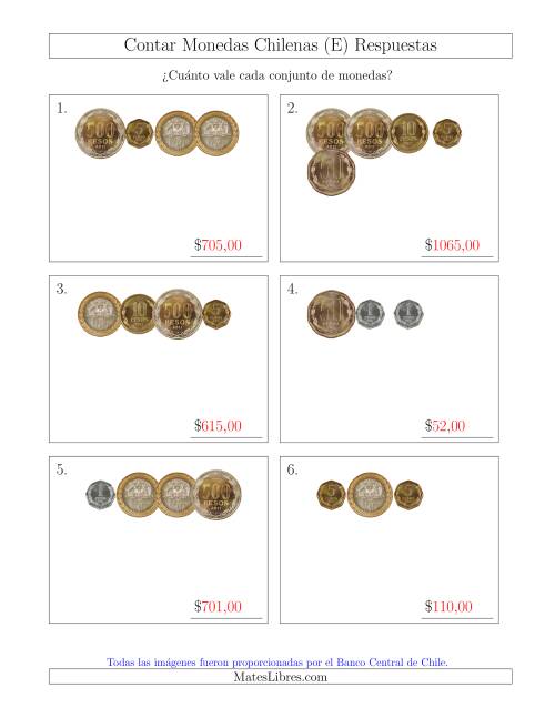 La hoja de ejercicios de Contar Colecciones Pequeñas de Monedas Chilenas (E) Página 2