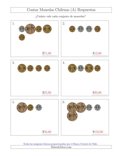 La hoja de ejercicios de Contar Colecciones Pequeñas de Monedas Chilenas sin Monedas de 100 ó 500 (A) Página 2