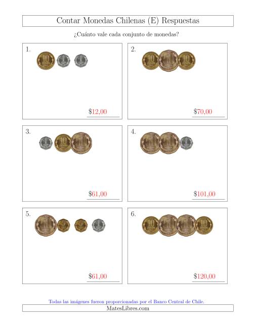 La hoja de ejercicios de Contar Colecciones Pequeñas de Monedas Chilenas sin Monedas de 100 ó 500 (E) Página 2