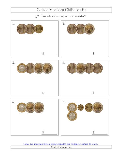 La hoja de ejercicios de Contar Colecciones Pequeñas de Monedas Chilenas sin Monedas de 1 (E)