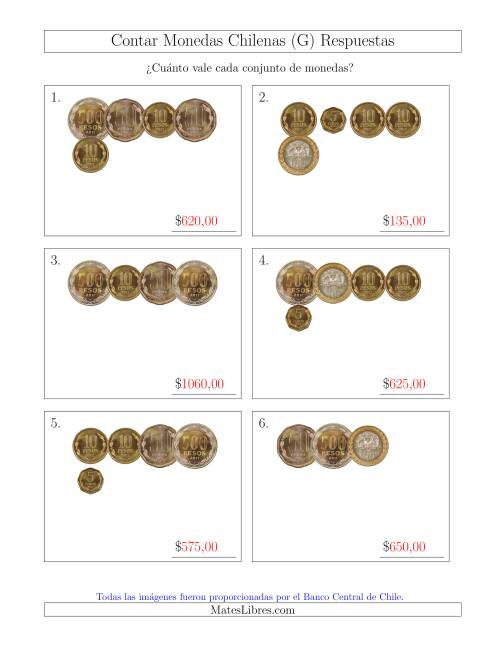 La hoja de ejercicios de Contar Colecciones Pequeñas de Monedas Chilenas sin Monedas de 1 (G) Página 2