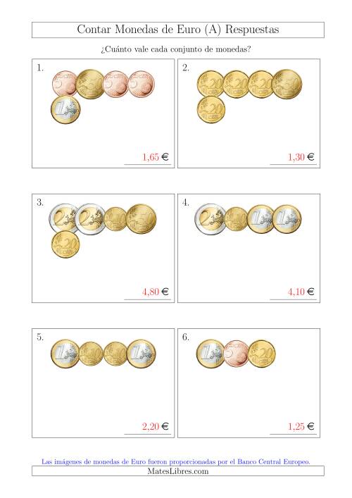 La hoja de ejercicios de Contar Colecciones Pequeñas de Monedas de Euro sin Monedas de 1 ó 2 Céntimos (A) Página 2