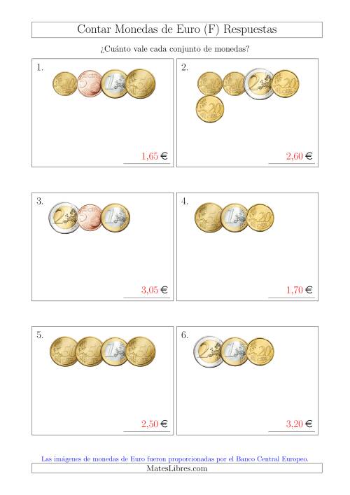 La hoja de ejercicios de Contar Colecciones Pequeñas de Monedas de Euro sin Monedas de 1 ó 2 Céntimos (F) Página 2