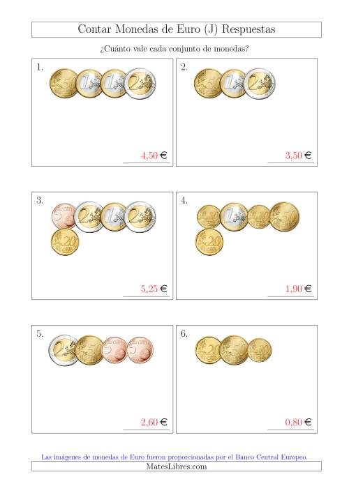 La hoja de ejercicios de Contar Colecciones Pequeñas de Monedas de Euro sin Monedas de 1 ó 2 Céntimos (J) Página 2