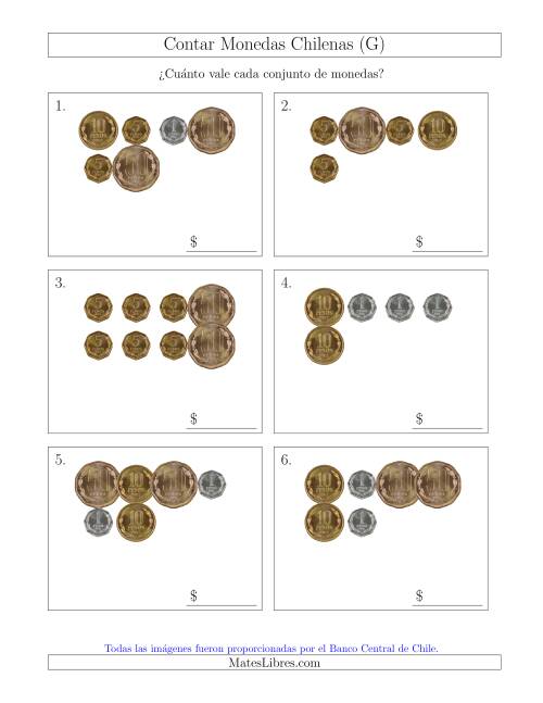 La hoja de ejercicios de Contar Colecciones de Monedas Chilenas sin Monedas de 100 ó 500 (G)