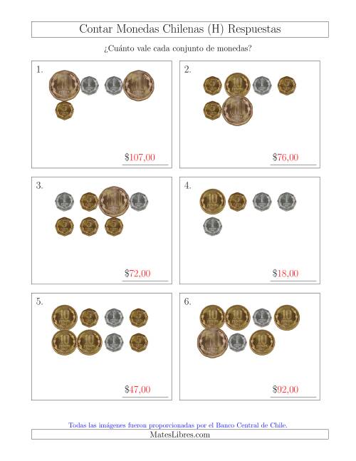 La hoja de ejercicios de Contar Colecciones de Monedas Chilenas sin Monedas de 100 ó 500 (H) Página 2