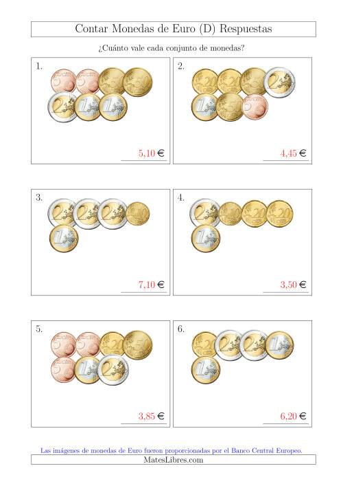La hoja de ejercicios de Contar Colecciones de Monedas de Euro sin Monedas de 1 ó 2 Céntimos (D) Página 2