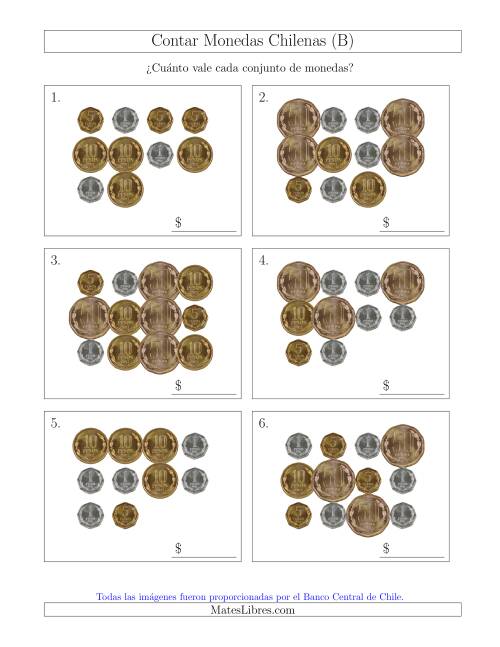 La hoja de ejercicios de Contar Colecciones Grandes de Monedas Chilenas sin Monedas de 100 ó 500 (B)