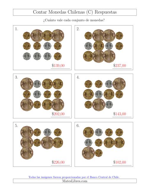 La hoja de ejercicios de Contar Colecciones Grandes de Monedas Chilenas sin Monedas de 100 ó 500 (C) Página 2