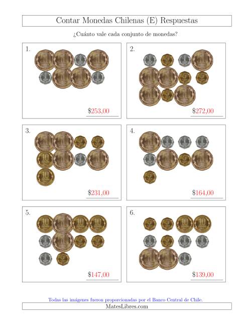 La hoja de ejercicios de Contar Colecciones Grandes de Monedas Chilenas sin Monedas de 100 ó 500 (E) Página 2