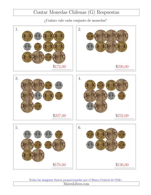 La hoja de ejercicios de Contar Colecciones Grandes de Monedas Chilenas sin Monedas de 100 ó 500 (G) Página 2