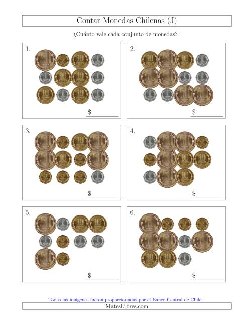 La hoja de ejercicios de Contar Colecciones Grandes de Monedas Chilenas sin Monedas de 100 ó 500 (J)