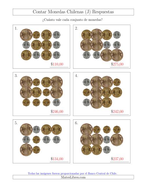 La hoja de ejercicios de Contar Colecciones Grandes de Monedas Chilenas sin Monedas de 100 ó 500 (J) Página 2