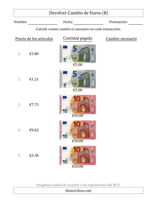 La hoja de ejercicios de Devolver cambio de billetes de hasta diez euros (B)