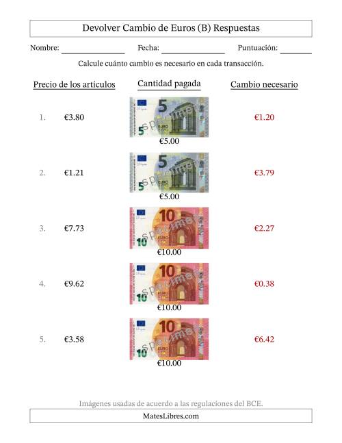 La hoja de ejercicios de Devolver cambio de billetes de hasta diez euros (B) Página 2