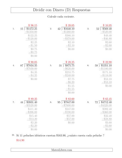 La hoja de ejercicios de Dividir Cantidades de Dólares en Incrementos de 5 Centavos por Divisores de Dos Dígitos (D) Página 2