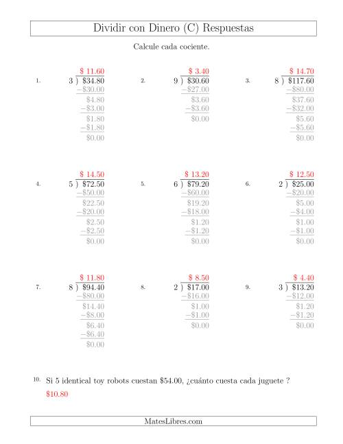 La hoja de ejercicios de Dividir Cantidades de Dólares en Incrementos de 10 Centavos por Divisores de Un Dígito (C) Página 2