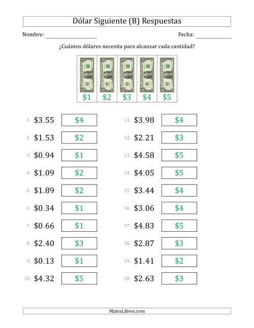 La hoja de ejercicios de Estrategias del Dólar Siguiente con Cantidades hasta $5 (Estados Unidos) (B) Página 2