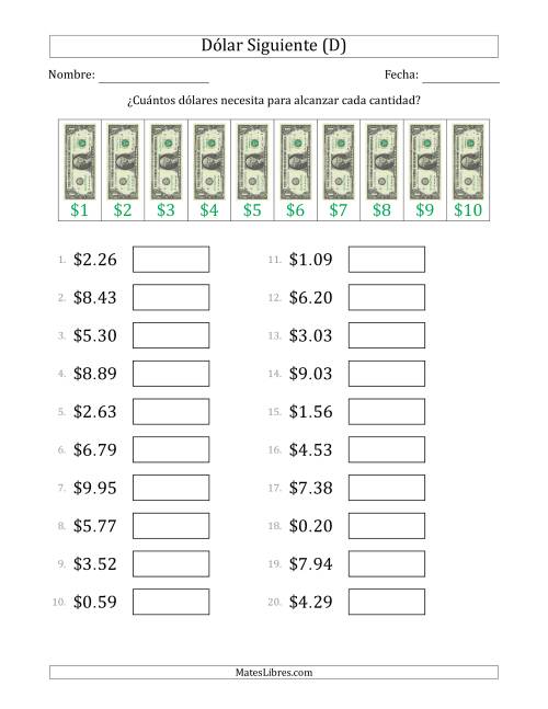 La hoja de ejercicios de Estrategias del Dólar Siguiente con Cantidades hasta $10 (Estados Unidos) (D)