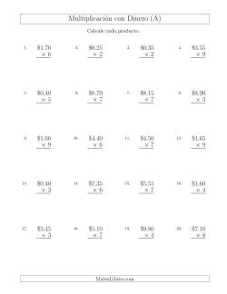 Multiplicar Diferentes Cantidades de Dólares en Incrementos de 5 Centavos por Multiplicadores de Un Dígito