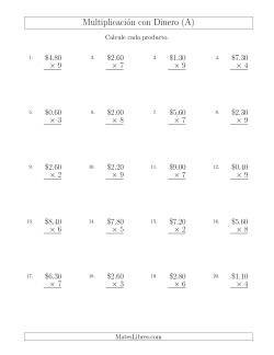 Multiplicar Diferentes Cantidades de Dólares en Incrementos de 10 Centavos por Multiplicadores de Un Dígito