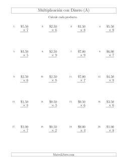 Multiplicar Diferentes Cantidades de Dólares en Incrementos de 50 Centavos por Multiplicadores de Un Dígito