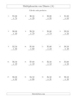 Multiplicar Diferentes Cantidades de Dólares en Incrementos de 50 Centavos por Multiplicadores de Dos Dígitos