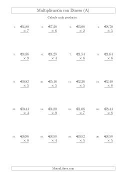 Multiplicar Diferentes Cantidades de Euros en Incrementos de 2 Céntimos por Multiplicadores de Un Dígito