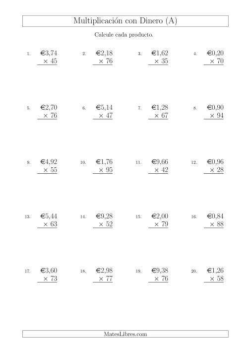 La hoja de ejercicios de Multiplicar Diferentes Cantidades de Euros en Incrementos de 2 Céntimos por Multiplicadores de Dos Dígitos (Todas)