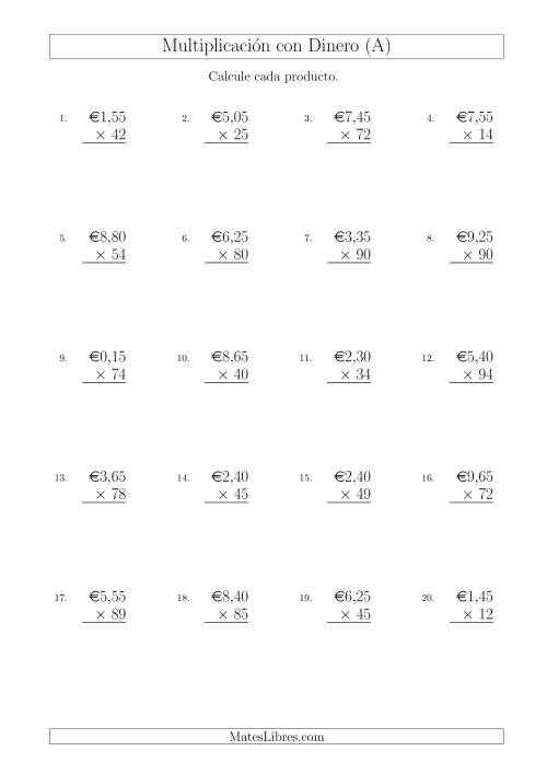 La hoja de ejercicios de Multiplicar Diferentes Cantidades de Euros en Incrementos de 5 Céntimos por Multiplicadores de Dos Dígitos (Todas)